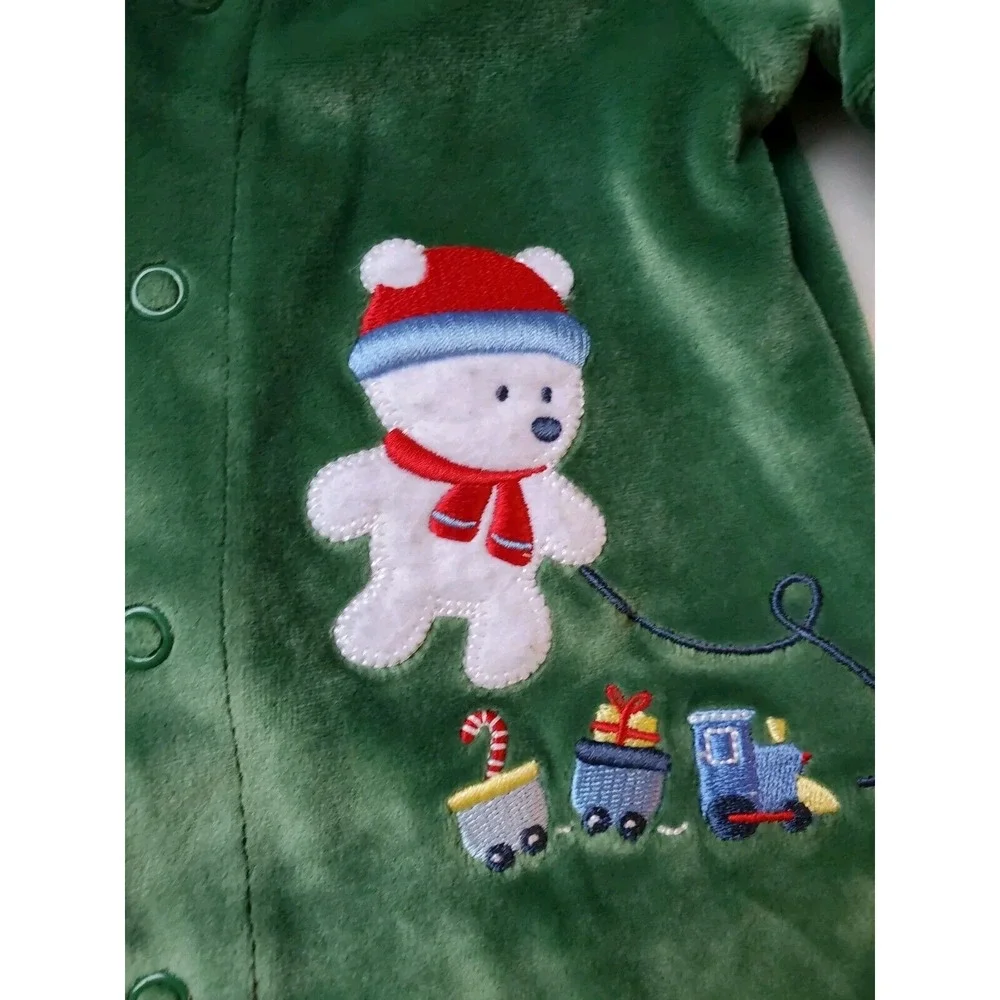 Carters Green velour vintage Teddy Bear Toy Train sleeper bodysuit Newborn‎ baby